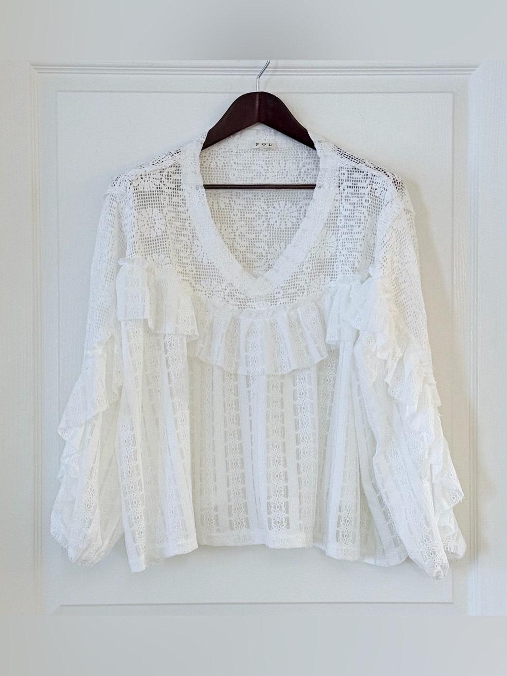 POL White Oversized Lace Ruffle V-Neck Blouse with Sheer Panels